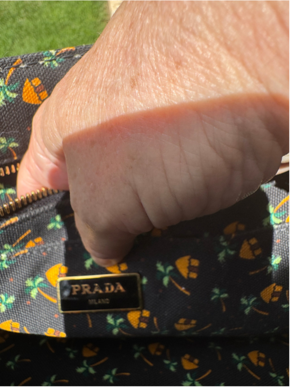 Prada Canapa Palm trees and tiki hut pattern Canvas Tote Bag - Picture 6 of 14